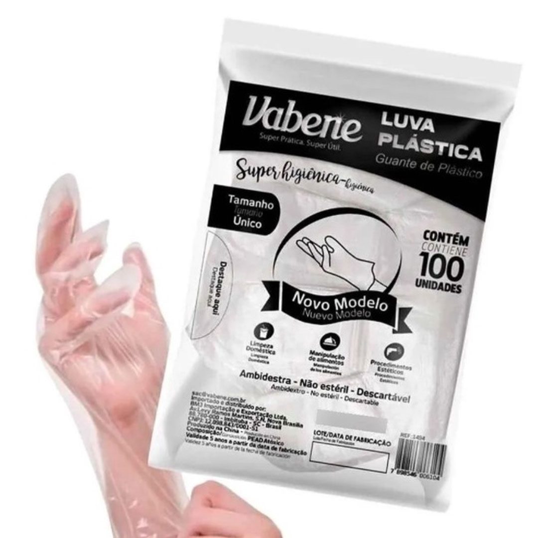 Luva Plástica Descartável Ambidestra Pacote com 100 Unidades - Vabene - Imagem 4
